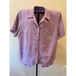 Alfred Dunner Purple Embroidered Button Front Blouse 18W Scalloped Hem